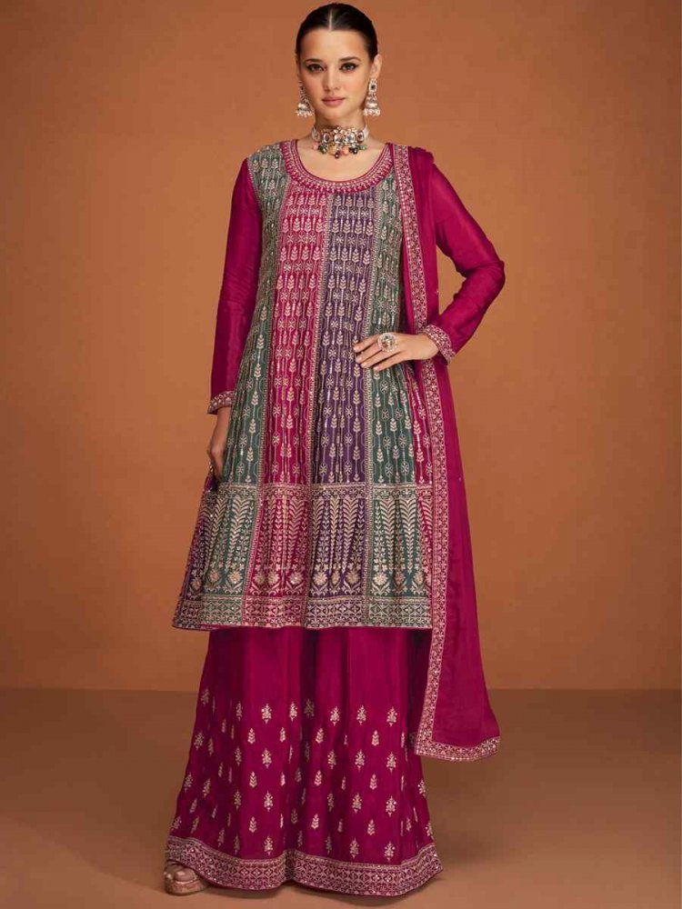 Rani Pink Georgette Embroidered Festival Wedding Ready Sharara Pant Salwar Kameez