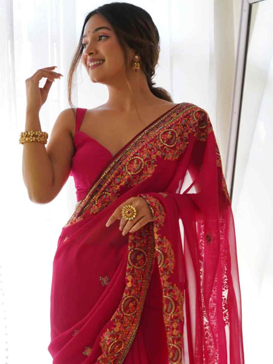 Rani Pink Georgette Embroidered Wedding Festival Heavy Border Saree