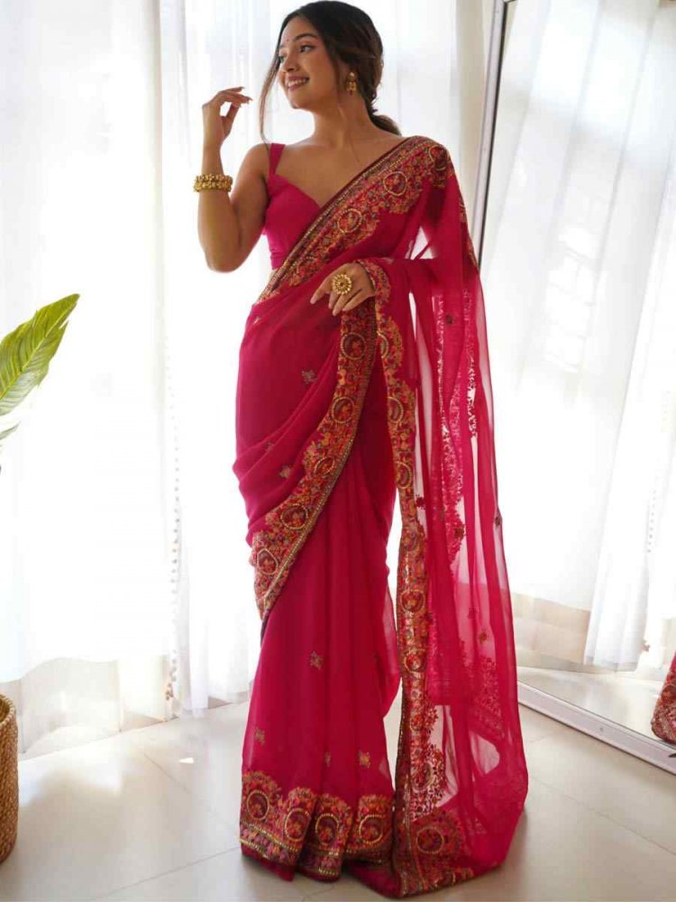 Rani Pink Georgette Embroidered Wedding Festival Heavy Border Saree