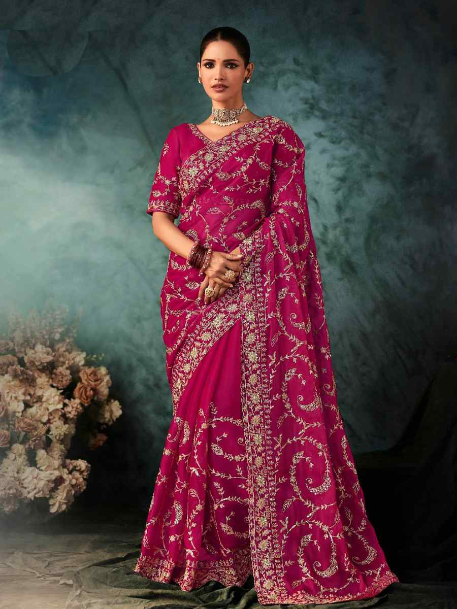 Rani Pink Georgette Embroidery Bridal Reception Festival Wedding Fancy Heavy Border Saree