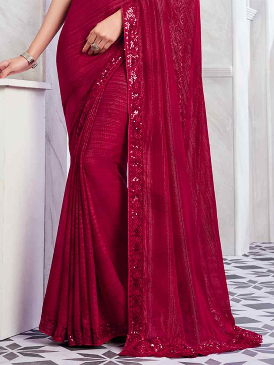 Rani Pink Golden Shimmer Silk Embroidered Bridesmaid Reception Heavy Border Saree