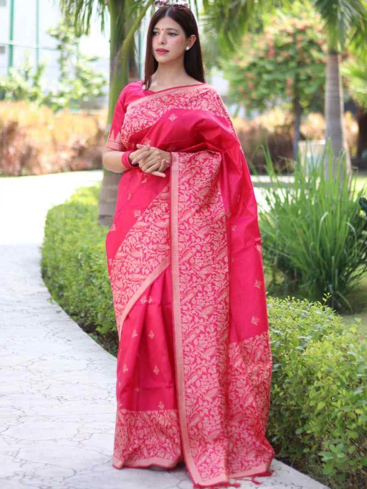 Rani Pink Handloom Raw Silk Handwoven Casual Festival Classic Style Saree