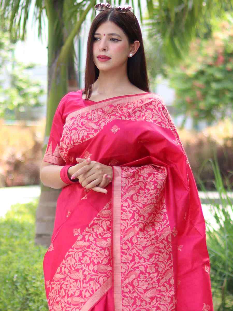 Rani Pink Handloom Raw Silk Handwoven Casual Festival Classic Style Saree