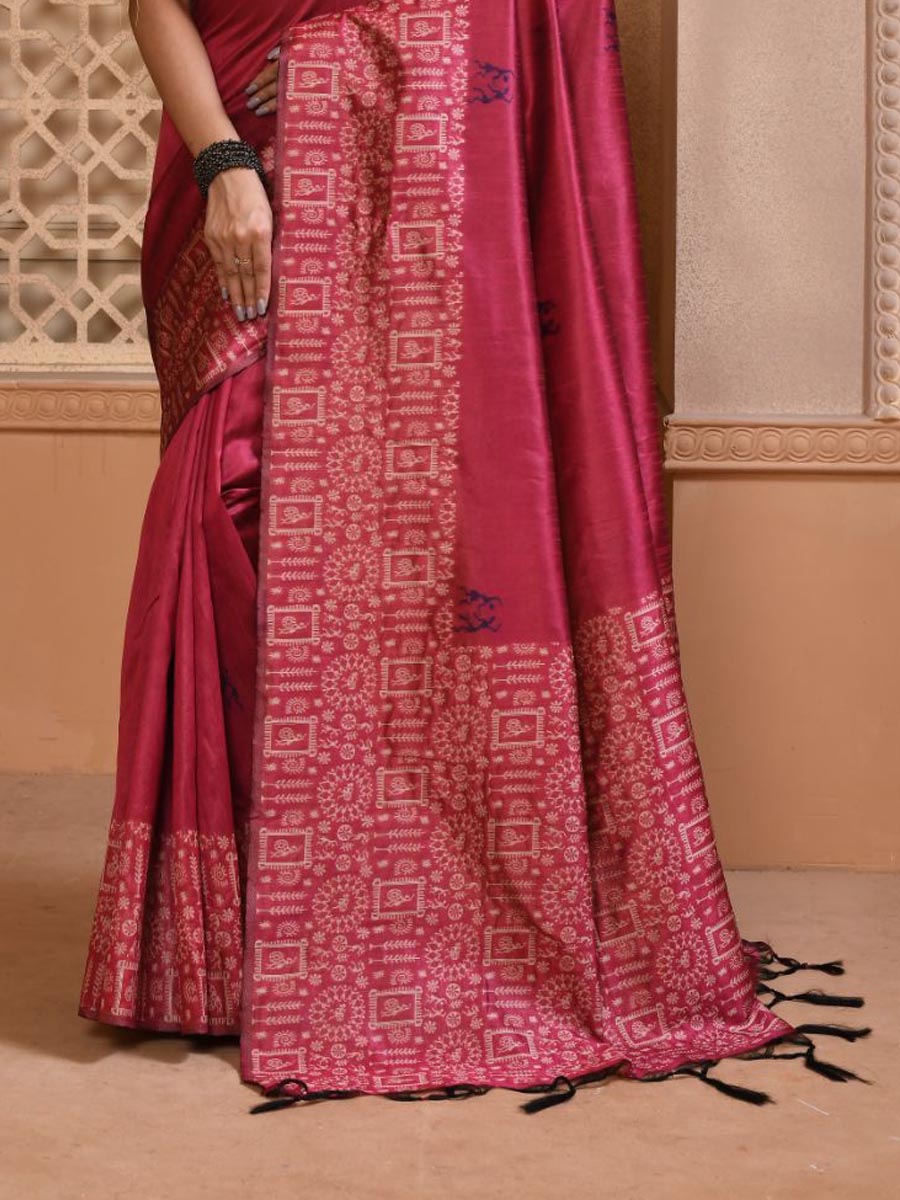 Rani Pink Handloom Raw Silk Handwoven Casual Festival Heavy Border Saree