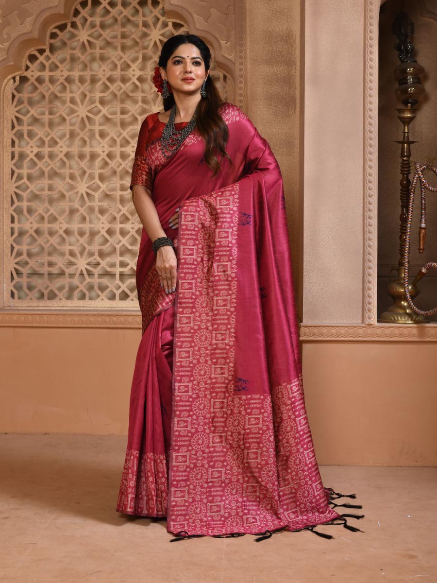 Rani Pink Handloom Raw Silk Handwoven Casual Festival Heavy Border Saree