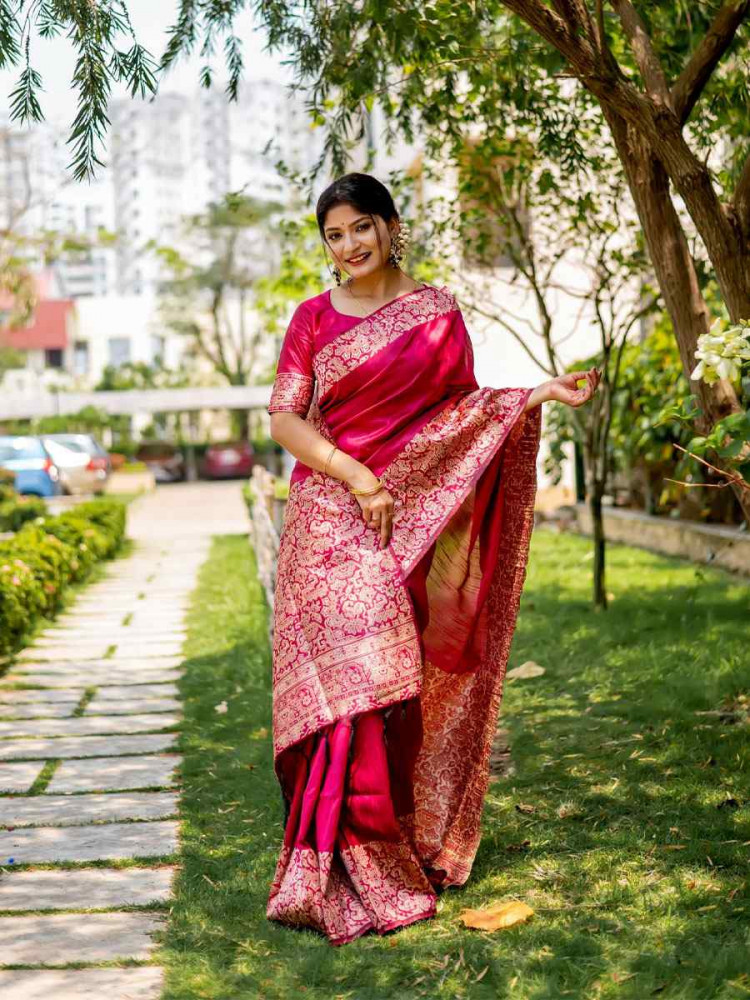 Image of Rani Pink Handloom Raw Silk Handwoven Casual Reception Festival Wedding Fancy Classic Style Sarees