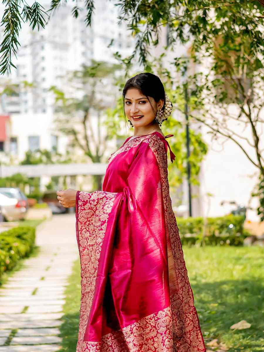 Rani Pink Handloom Raw Silk Handwoven Casual Reception Festival Wedding Fancy Classic Style Sarees