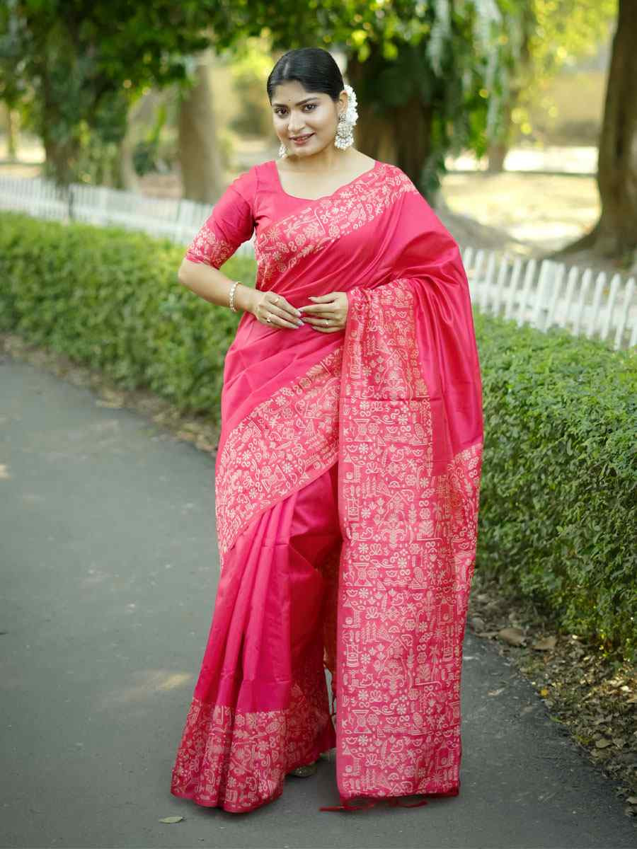 Rani Pink Handloom Raw Silk Printed Festival Wedding Fancy Heavy Border Saree