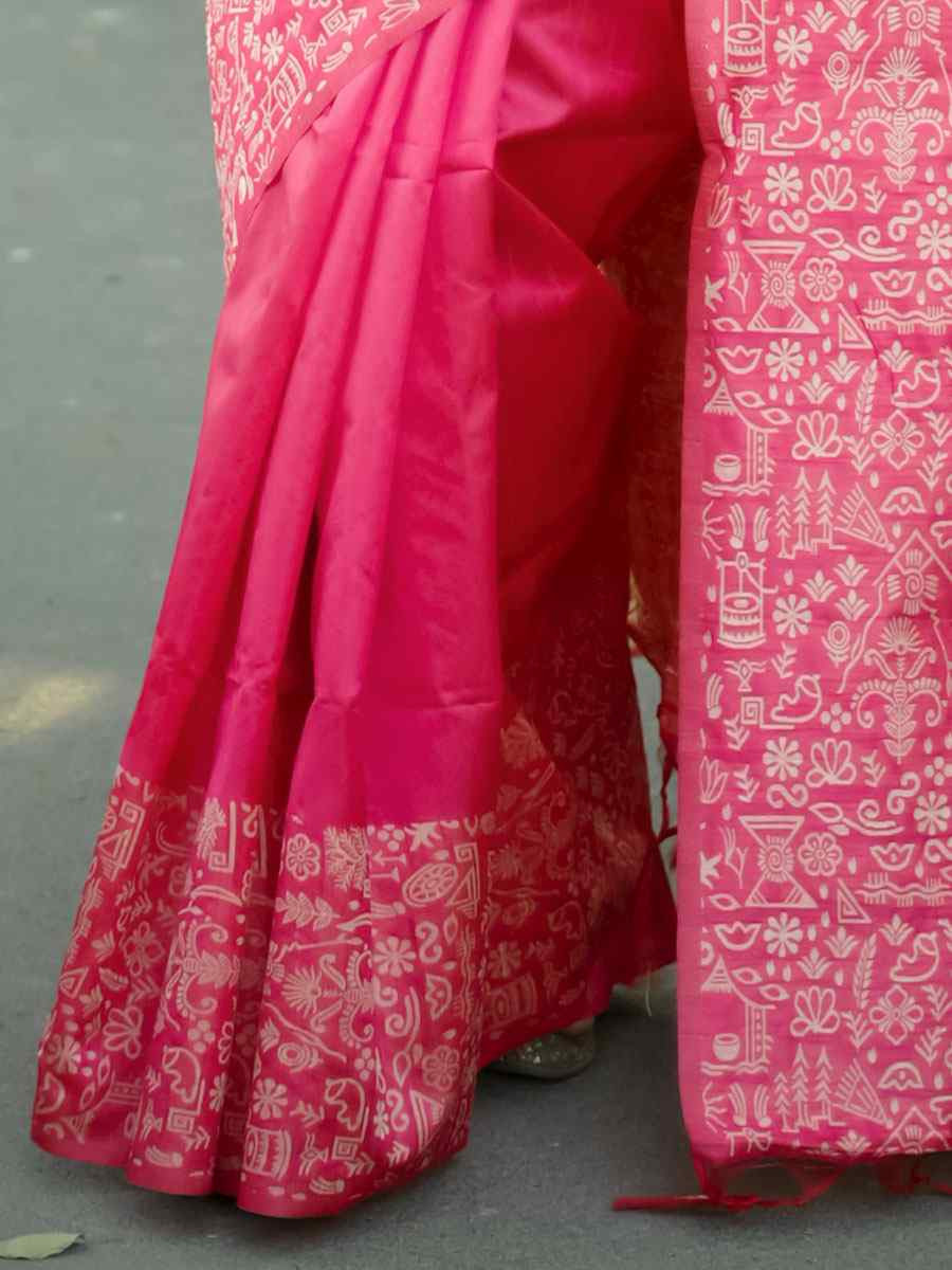Rani Pink Handloom Raw Silk Printed Festival Wedding Fancy Heavy Border Saree