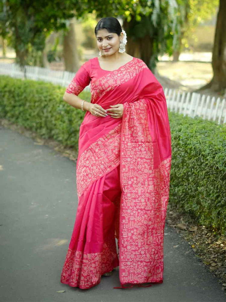 Image of Rani Pink Handloom Raw Silk Printed Festival Wedding Fancy Heavy Border Saree