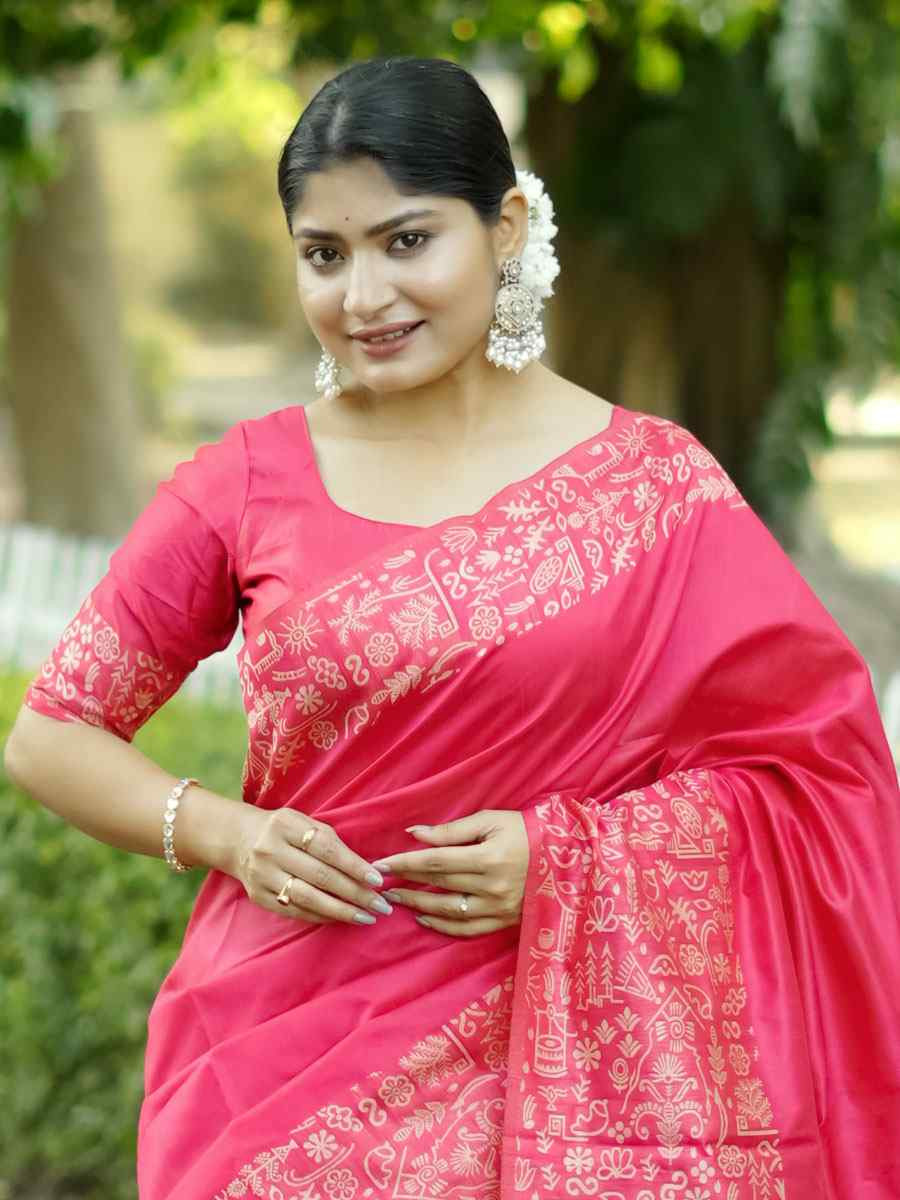 Rani Pink Handloom Raw Silk Printed Festival Wedding Fancy Heavy Border Saree