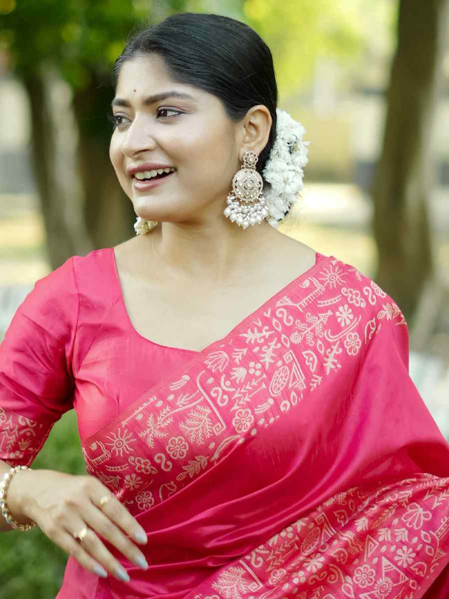 Rani Pink Handloom Raw Silk Printed Festival Wedding Fancy Heavy Border Saree