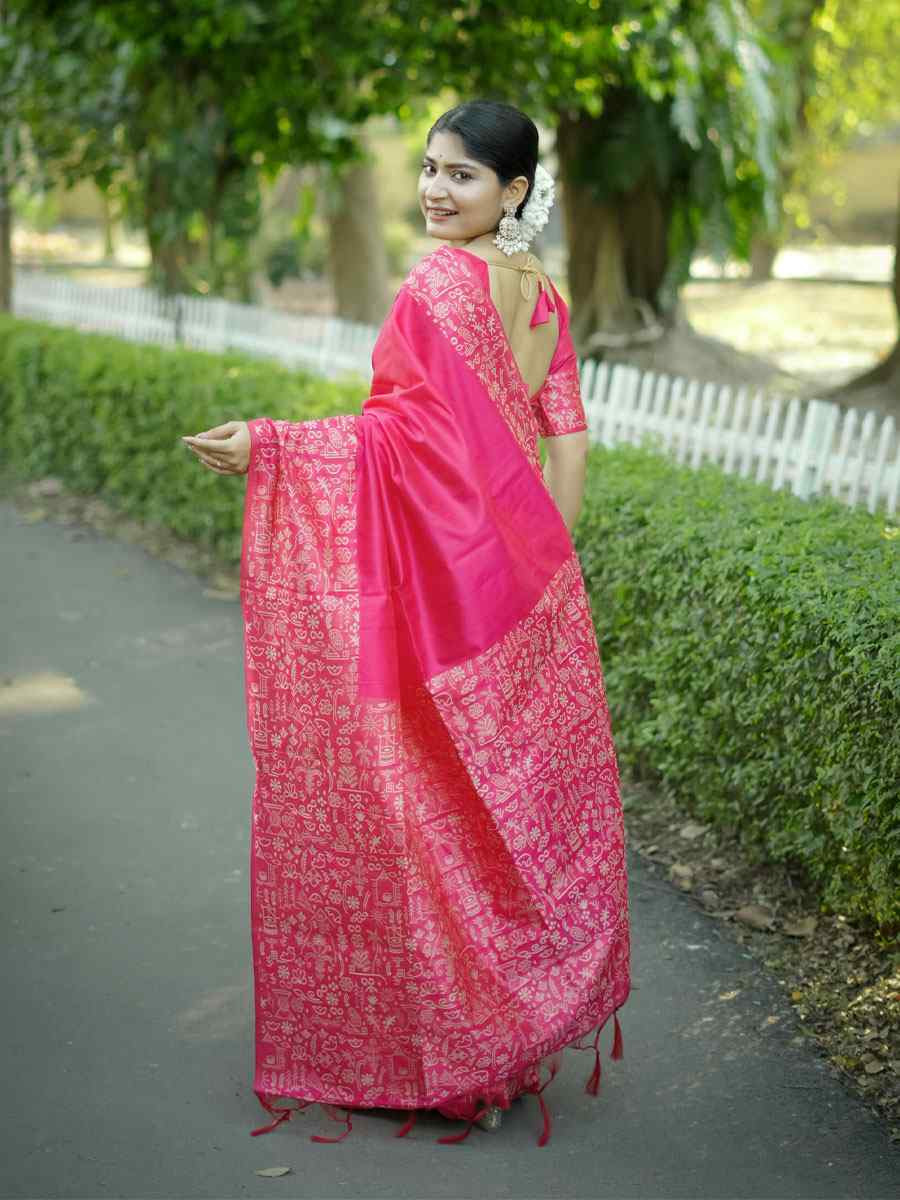 Rani Pink Handloom Raw Silk Printed Festival Wedding Fancy Heavy Border Saree
