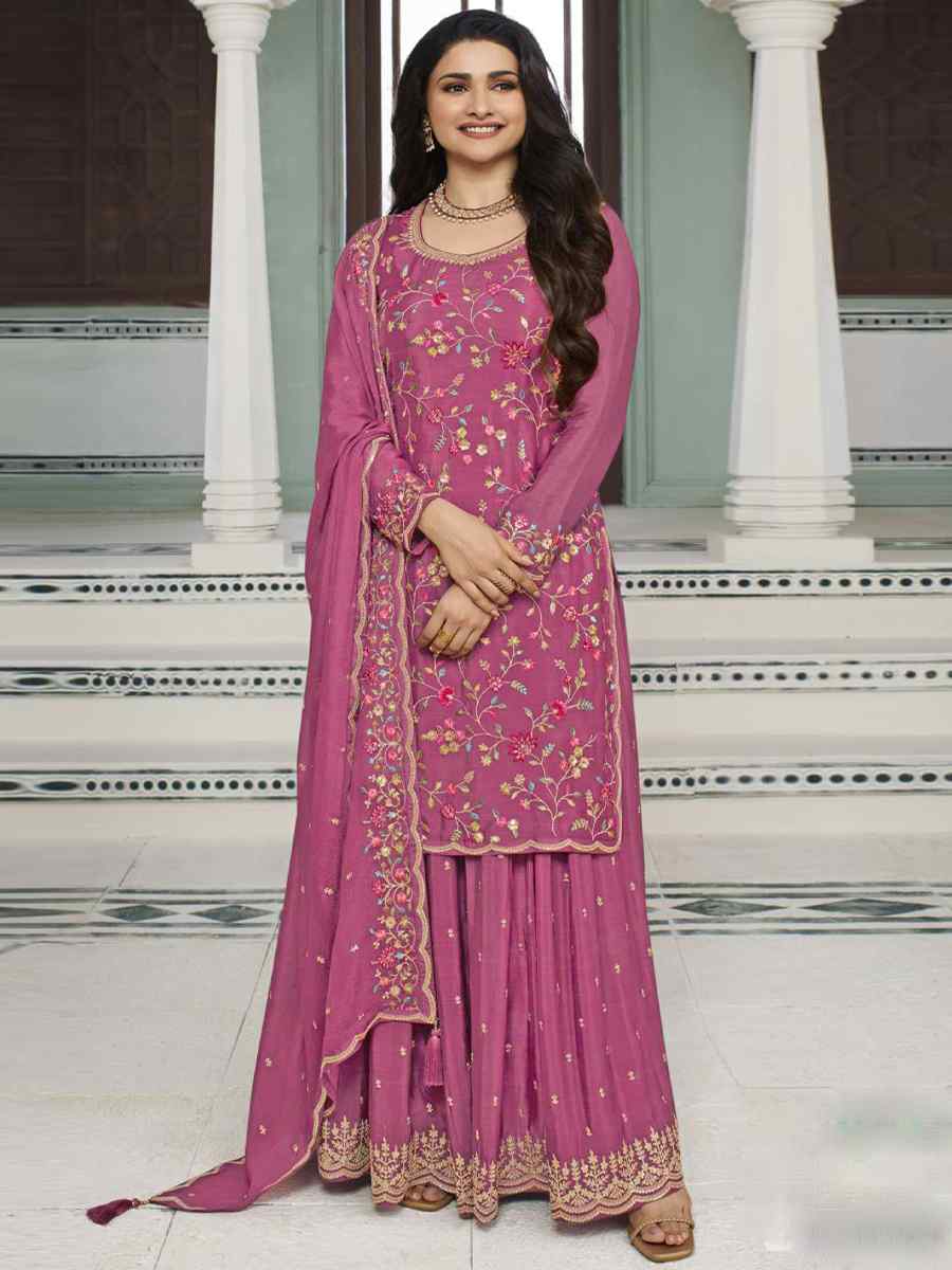 Rani Pink Heavy Blooming Viscose Chinon Embroidered Festival Wedding Palazzo Pant Bollywood Style Salwar Kameez