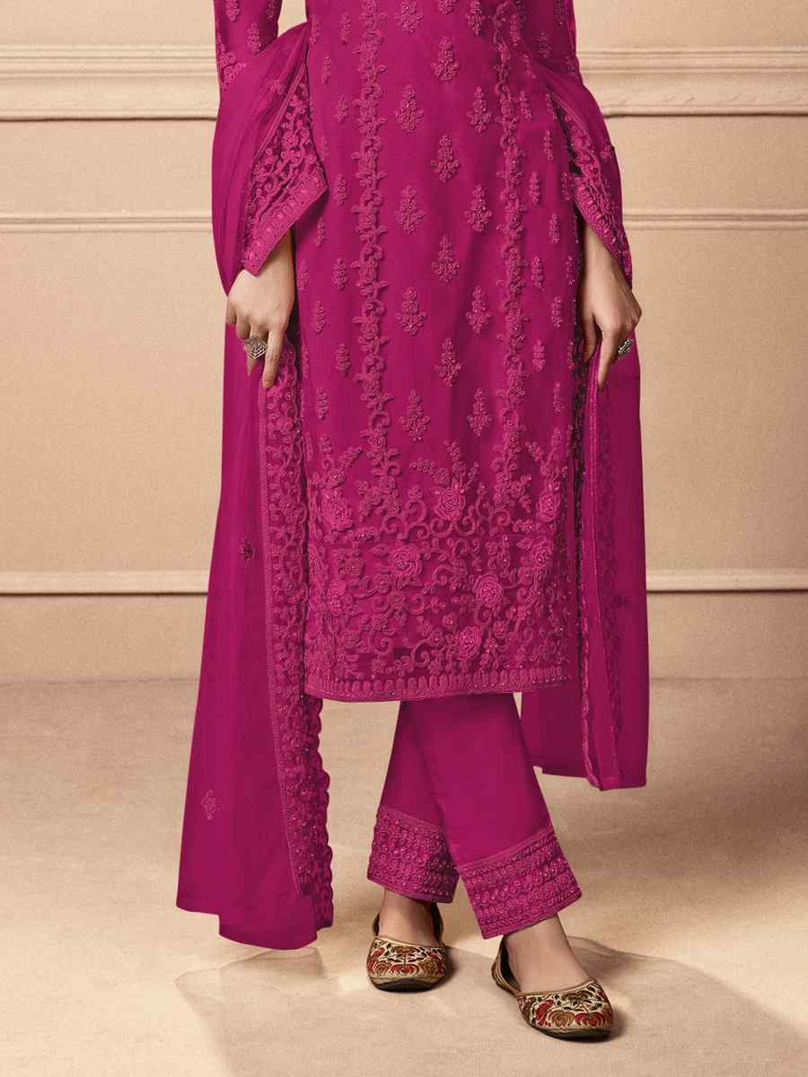 Rani Pink Heavy Butterfly Net Embroidered Festival Wedding Pant Salwar Kameez