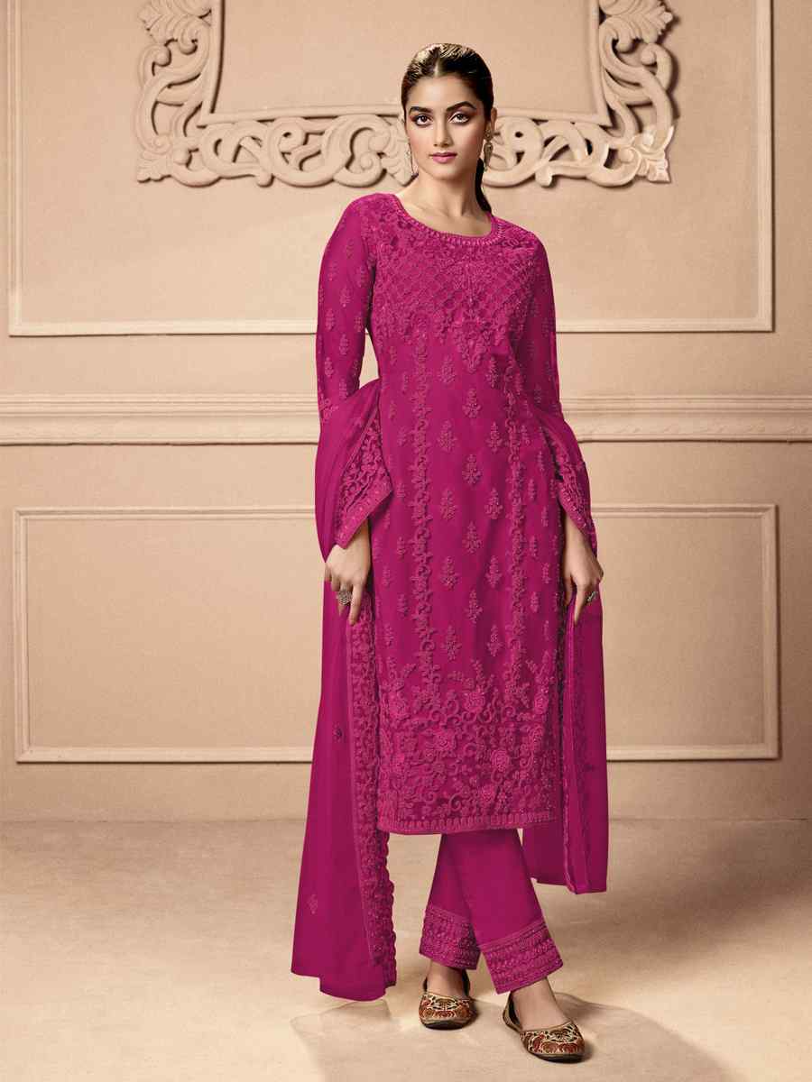 Rani Pink Heavy Butterfly Net Embroidered Festival Wedding Pant Salwar Kameez