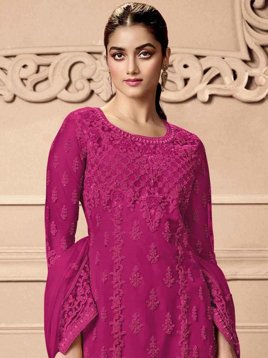 Rani Pink Heavy Butterfly Net Embroidered Festival Wedding Pant Salwar Kameez