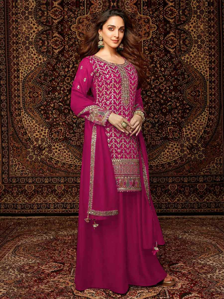 Rani Pink Heavy Chinon Embroidered Festival Wedding Palazzo Pant Salwar Kameez