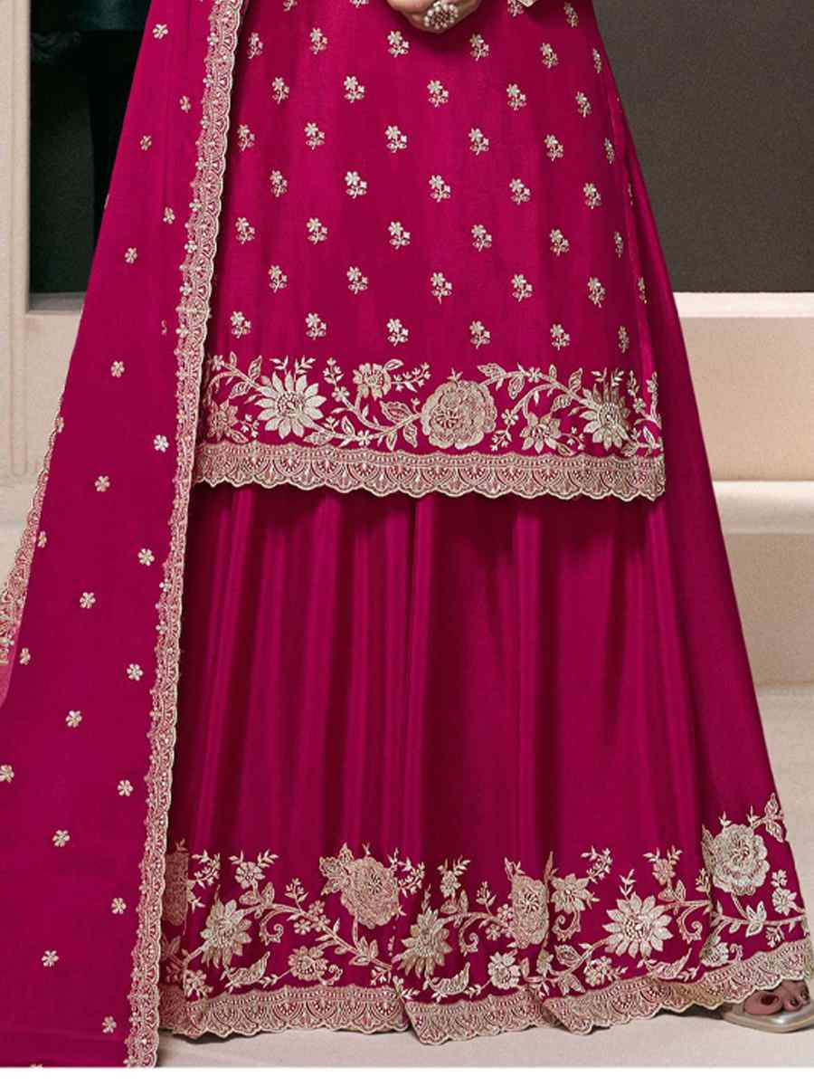 Rani Pink Heavy Chinon Embroidered Festival Wedding Sharara Pant Salwar Kameez