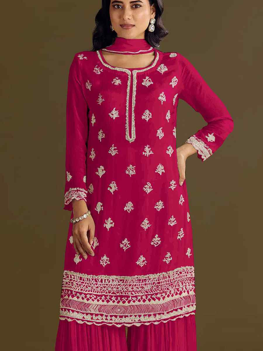 Rani Pink Heavy Chinon Embroidered Festival Wedding Sharara Pant Salwar Kameez