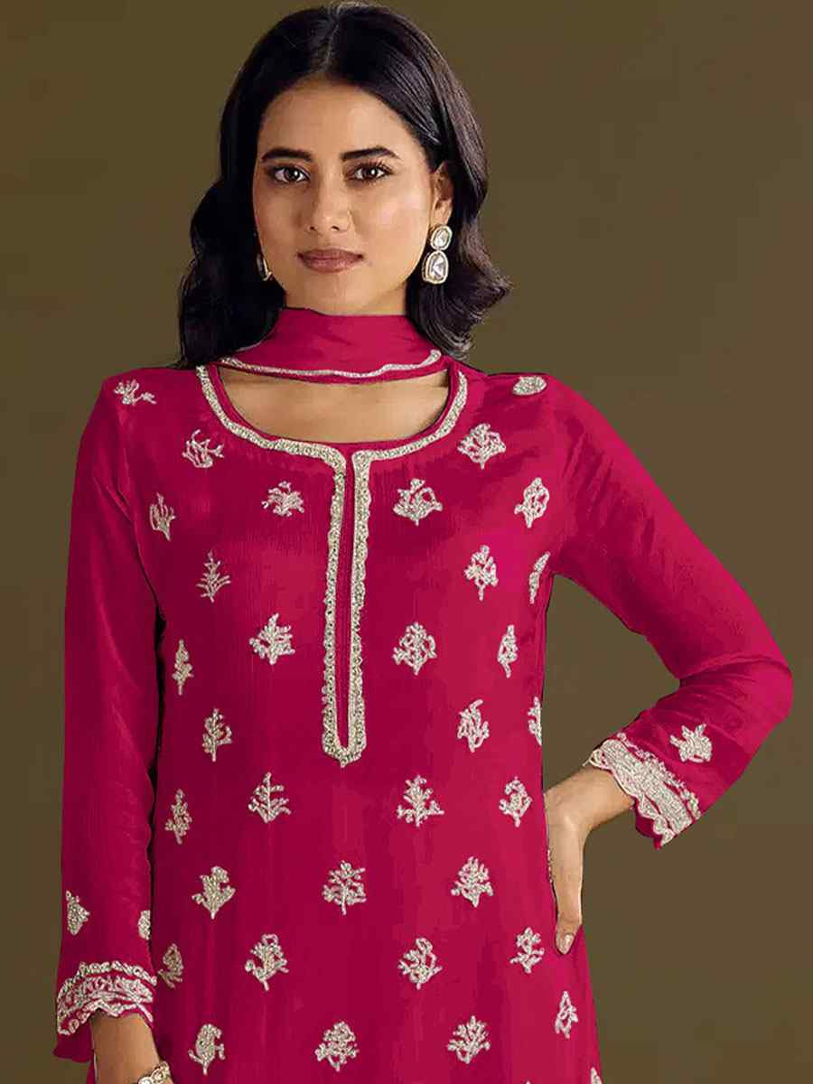 Rani Pink Heavy Chinon Embroidered Festival Wedding Sharara Pant Salwar Kameez
