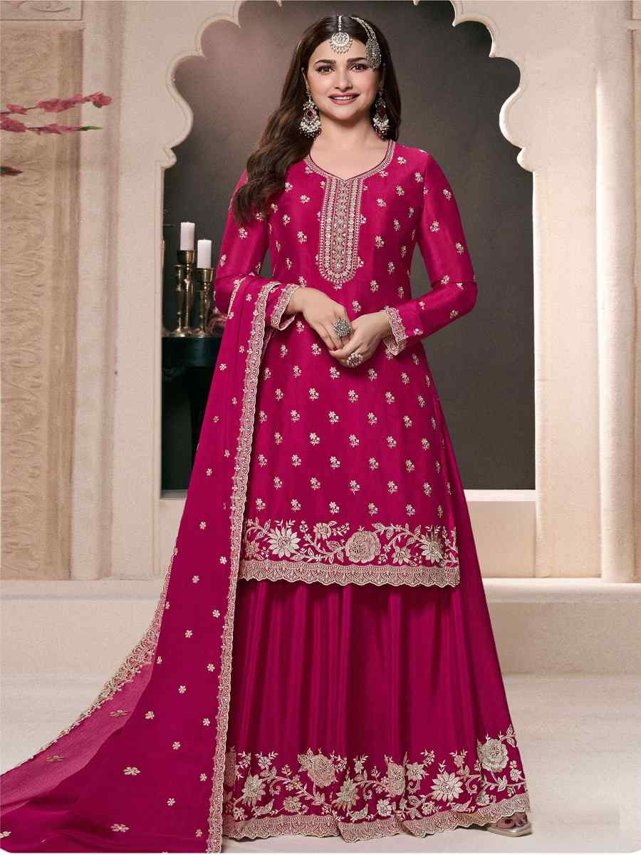 Rani Pink Heavy Chinon Embroidered Festival Wedding Sharara Pant Salwar Kameez