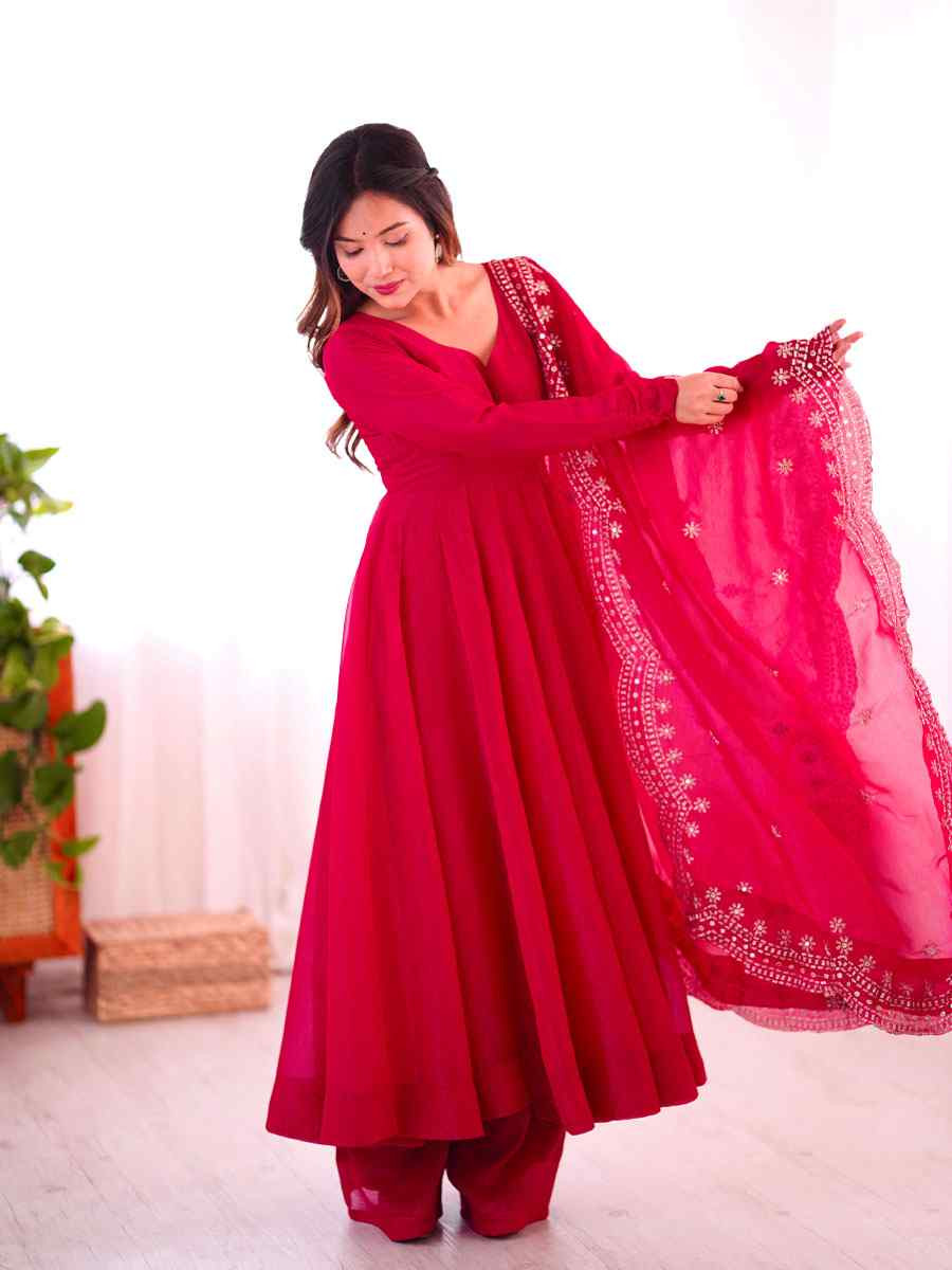 Rani Pink Heavy Fandy Silk Plain Party Wedding Festival Casual Ready Anarkali Salwar Kameez