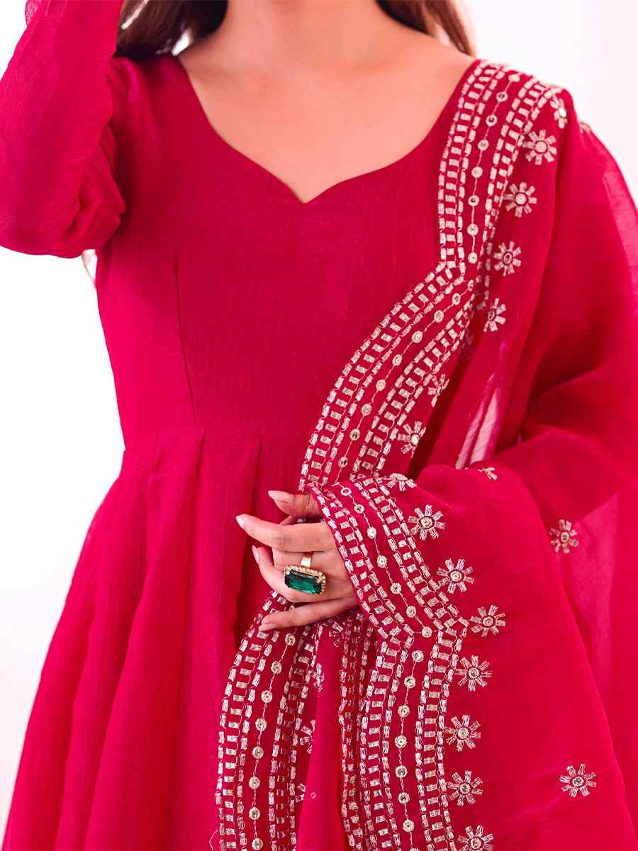 Rani Pink Heavy Fandy Silk Plain Party Wedding Festival Casual Ready Anarkali Salwar Kameez