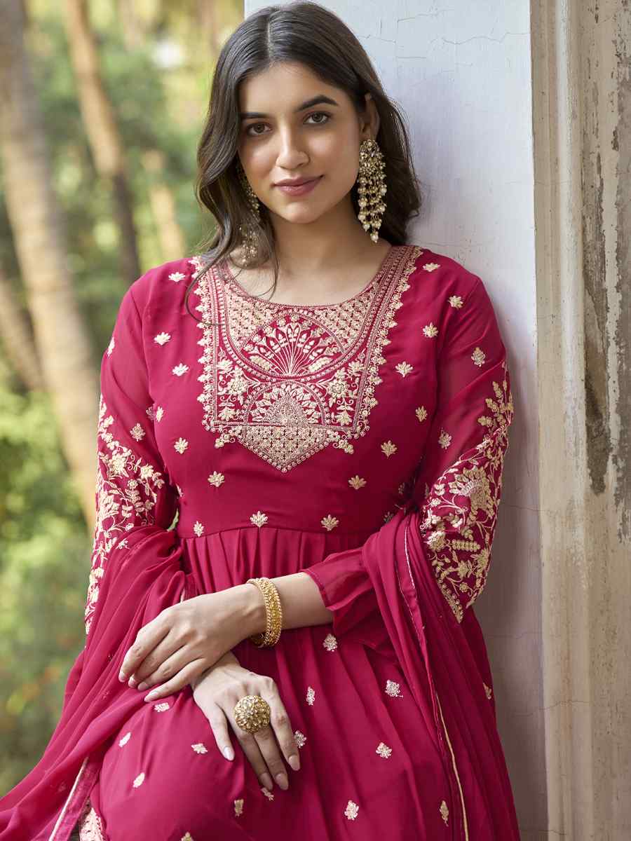 Rani Pink Heavy Faux Georgette Embroidered Festival Wedding Anarkali Salwar Kameez