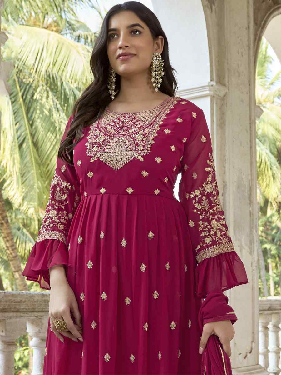 Rani Pink Heavy Faux Georgette Embroidered Festival Wedding Anarkali Salwar Kameez