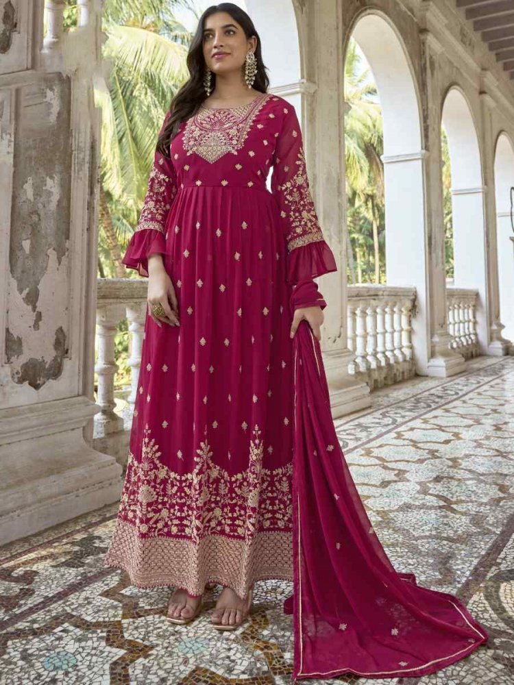 Rani Pink Heavy Faux Georgette Embroidered Festival Wedding Anarkali Salwar Kameez