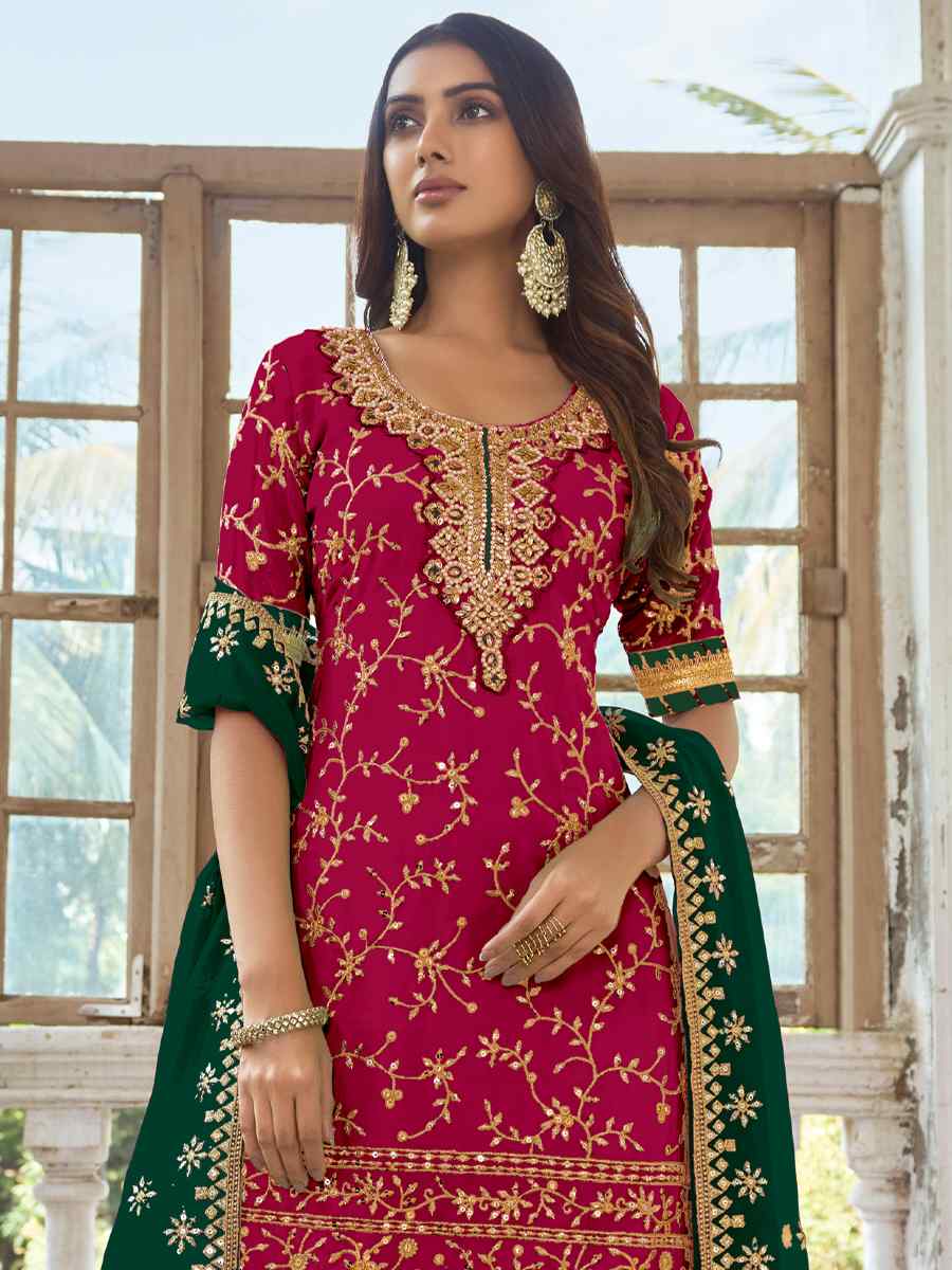 Rani Pink Heavy Faux Georgette Embroidered Festival Wedding Palazzo Pant Salwar Kameez