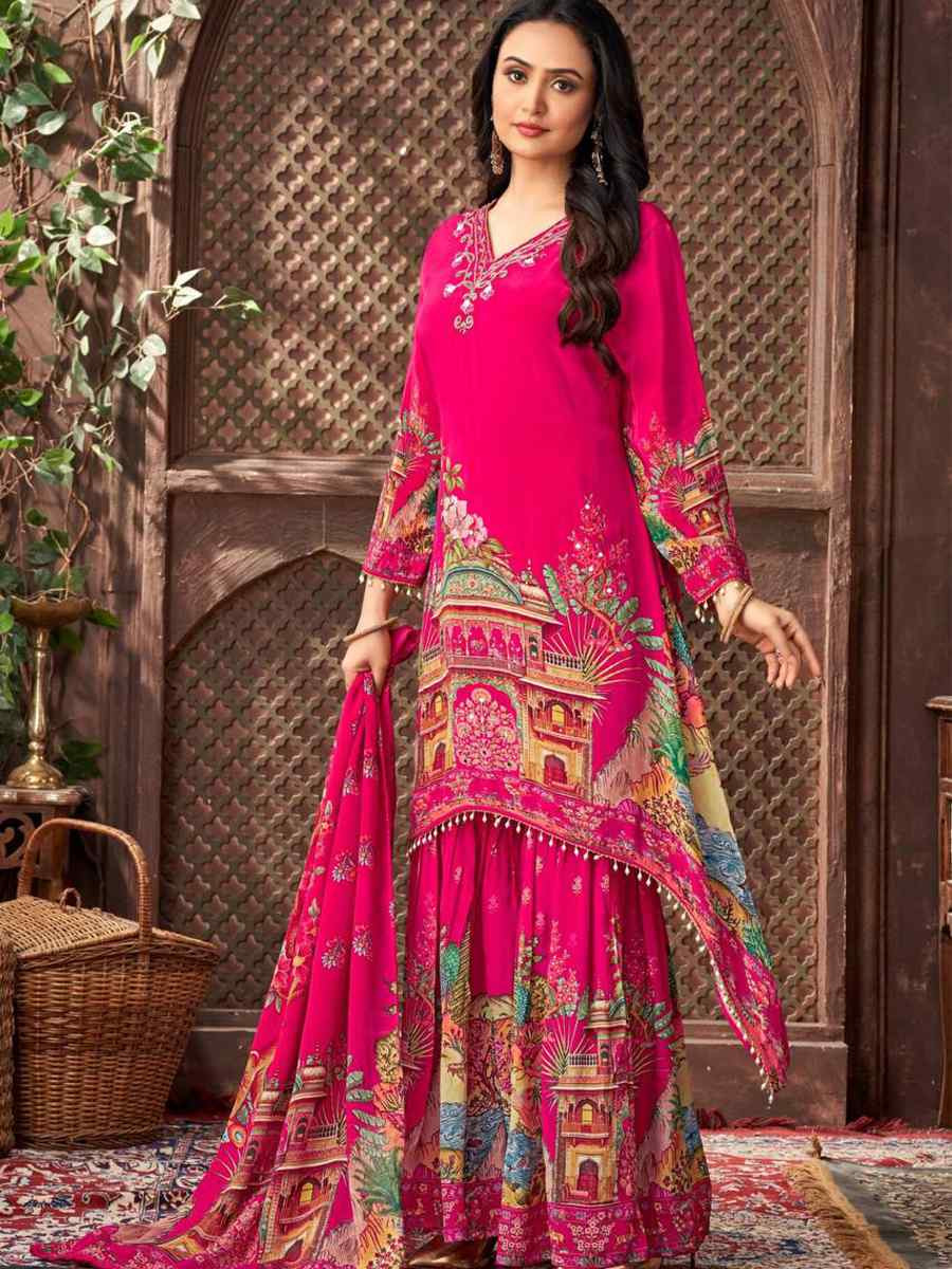Rani Pink Heavy Faux Georgette Embroidered Party Wedding Ready Palazzo Pant Salwar Kameez