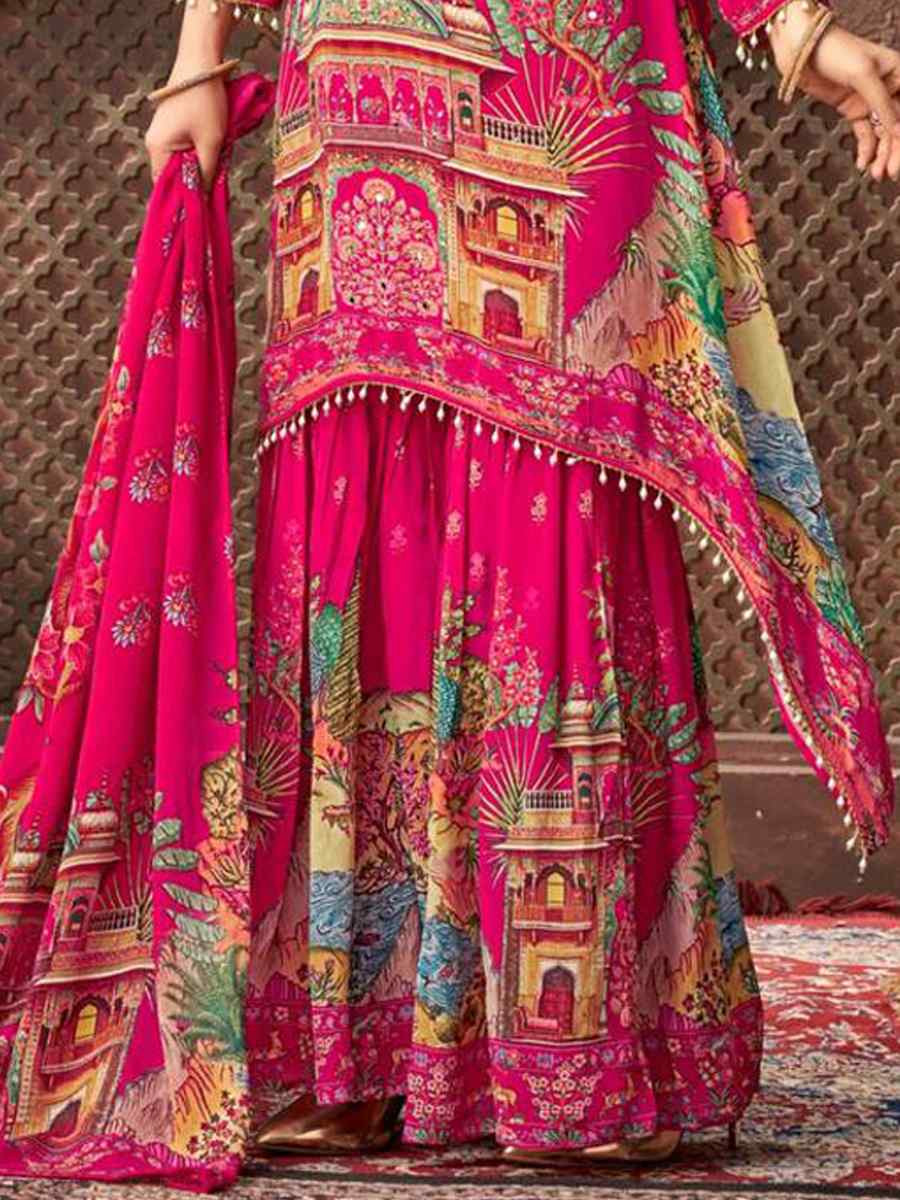 Rani Pink Heavy Faux Georgette Embroidered Party Wedding Ready Palazzo Pant Salwar Kameez