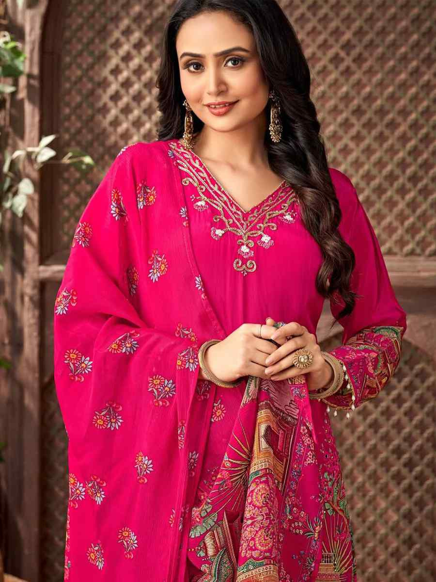 Rani Pink Heavy Faux Georgette Embroidered Party Wedding Ready Palazzo Pant Salwar Kameez