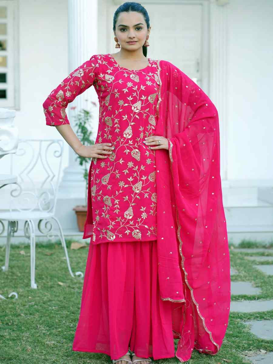Rani Pink Heavy Georgette Embroidered Party Casual Ready Palazzo Pant Salwar Kameez