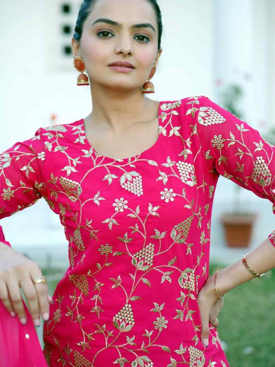 Rani Pink Heavy Georgette Embroidered Party Casual Ready Palazzo Pant Salwar Kameez