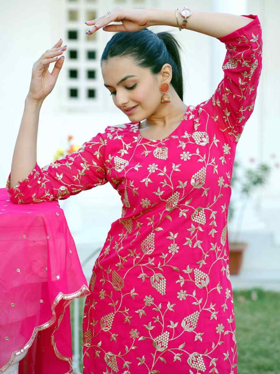 Rani Pink Heavy Georgette Embroidered Party Casual Ready Palazzo Pant Salwar Kameez