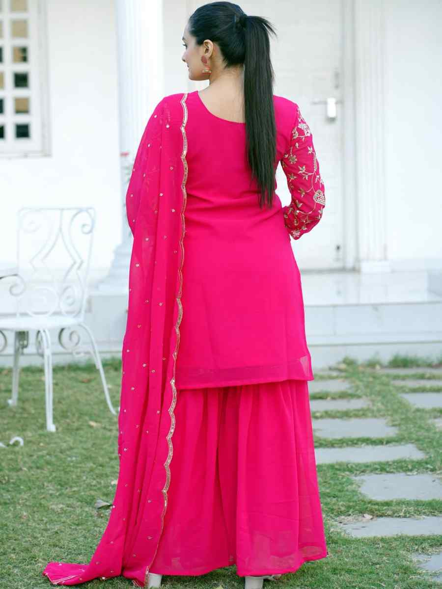 Rani Pink Heavy Georgette Embroidered Party Casual Ready Palazzo Pant Salwar Kameez