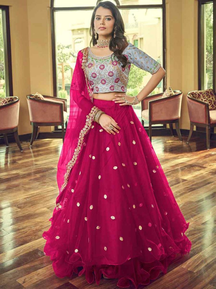 Rani Pink Heavy Nylon Net Embroidered Party Wear Festival Circular Lehenga Choli