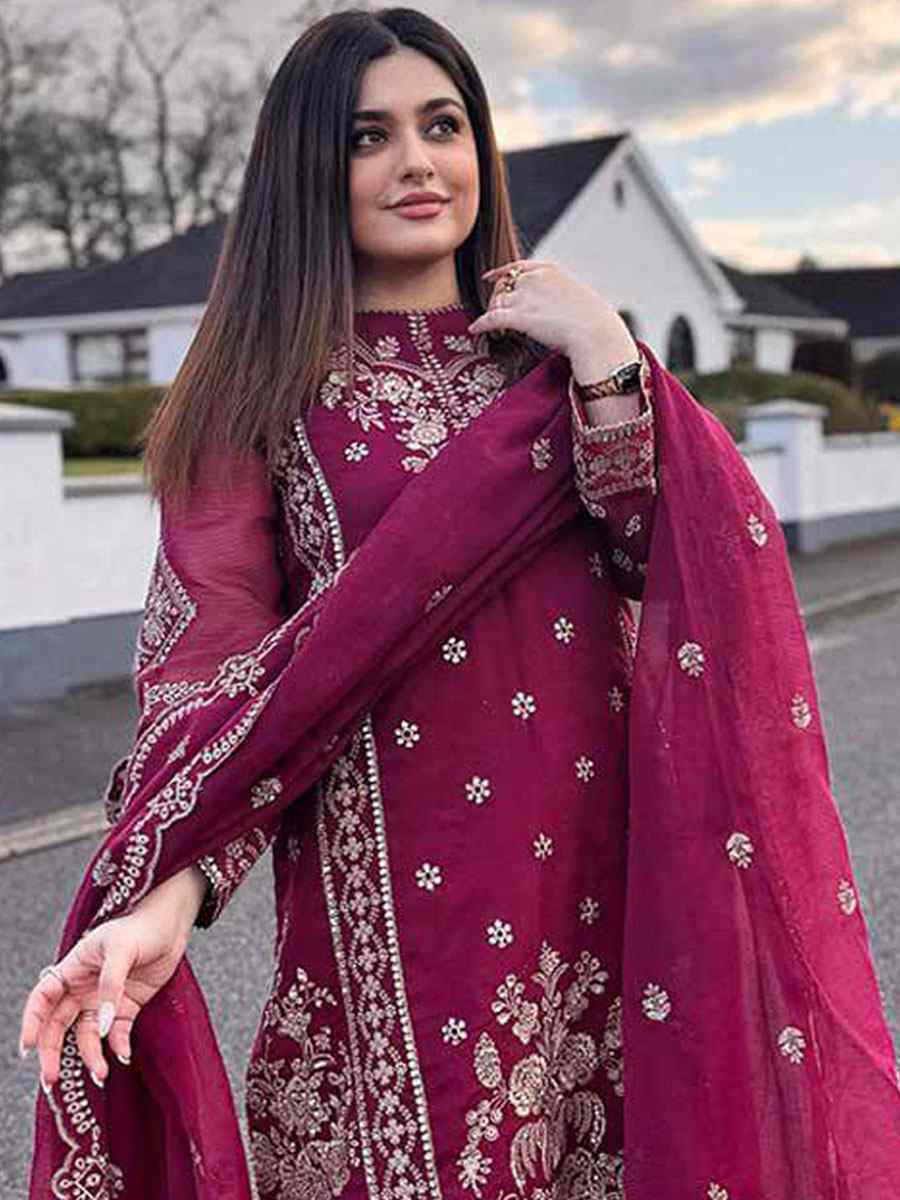 Rani Pink Heavy Pure Chinon Silk Embroidered Party Wedding Ready pant Salwar Kameez