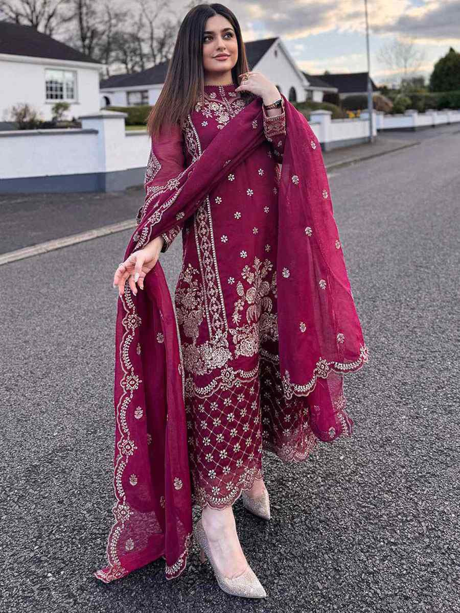 Rani Pink Heavy Pure Chinon Silk Embroidered Party Wedding Ready pant Salwar Kameez