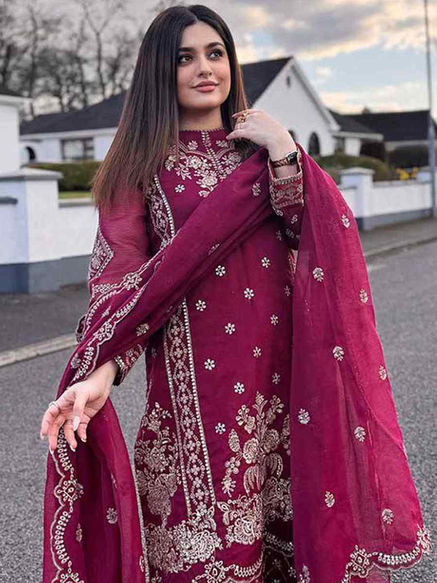 Rani Pink Heavy Pure Chinon Silk Embroidered Party Wedding Ready pant Salwar Kameez