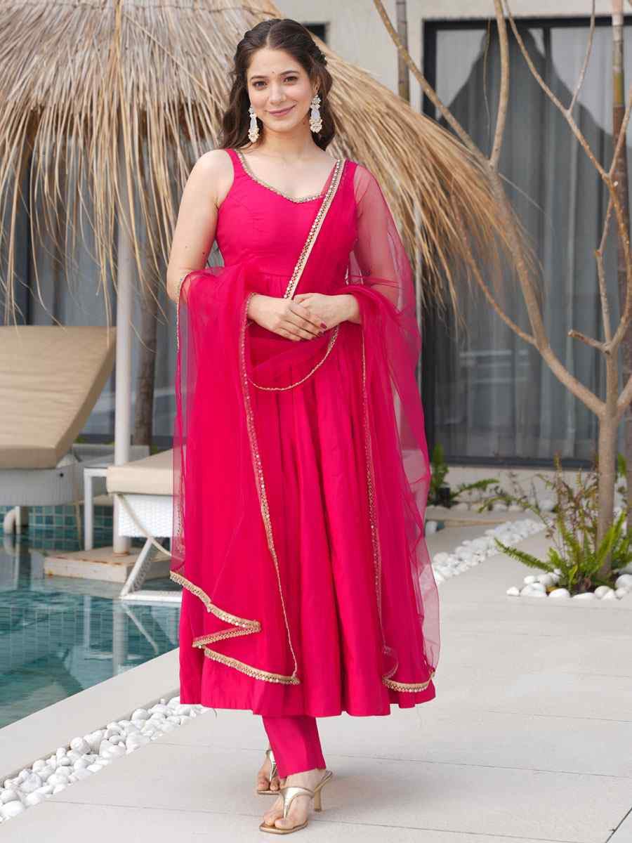 Rani Pink Heavy Pure Roman Silk Plain Party Wedding Festival Casual Ready Anarkali Salwar Kameez