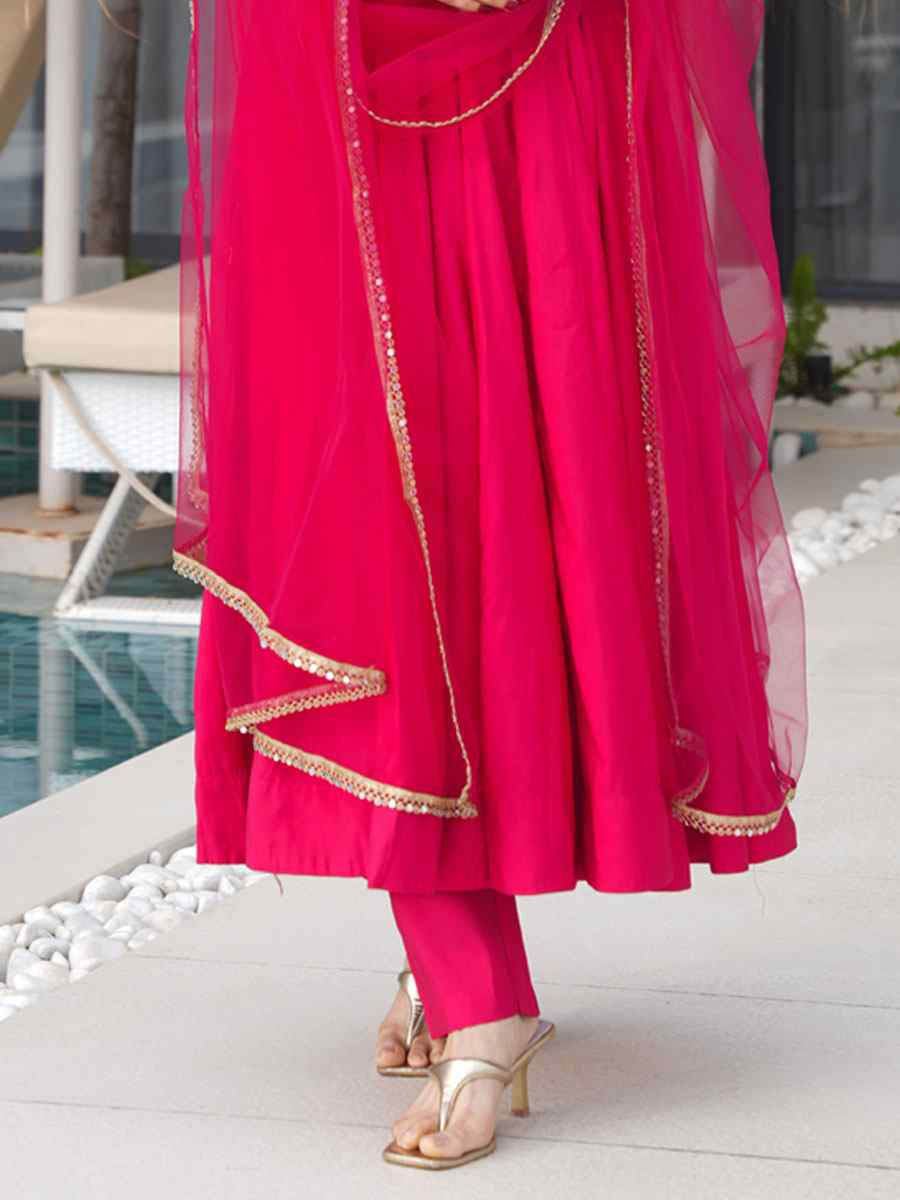 Rani Pink Heavy Pure Roman Silk Plain Party Wedding Festival Casual Ready Anarkali Salwar Kameez