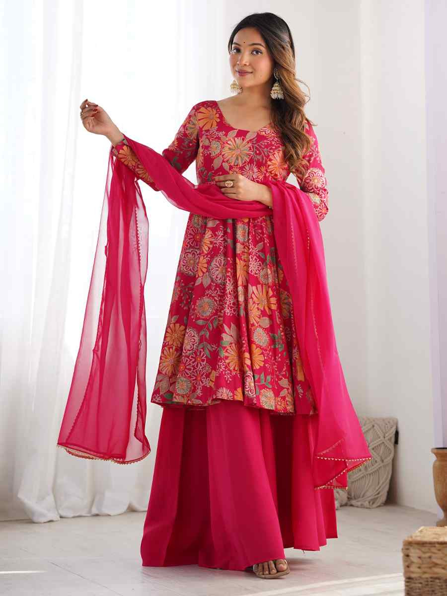Rani Pink Heavy Pure Soft Roman Silk Chanderi Embroidered Festival Casual Ready Sharara Pant Salwar Kameez