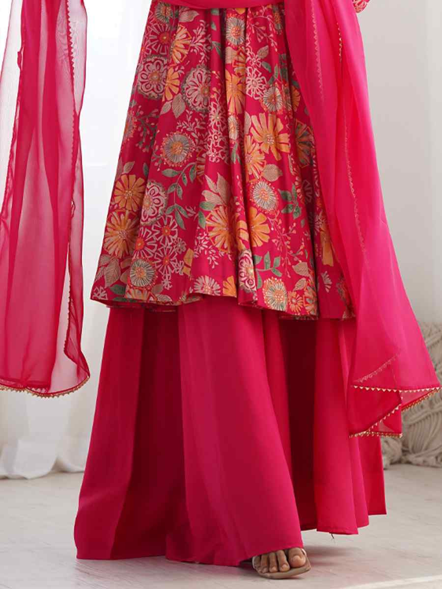 Rani Pink Heavy Pure Soft Roman Silk Chanderi Embroidered Festival Casual Ready Sharara Pant Salwar Kameez
