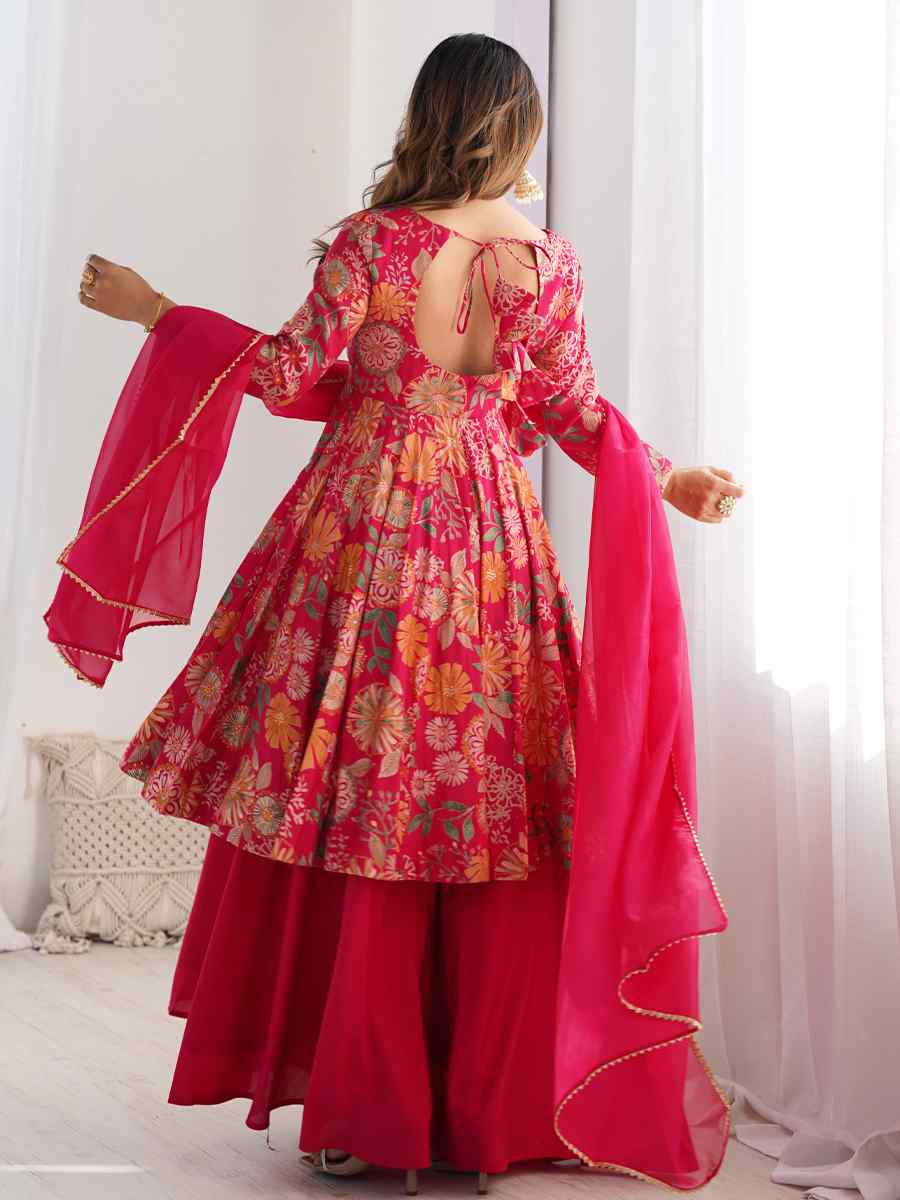 Rani Pink Heavy Pure Soft Roman Silk Chanderi Embroidered Festival Casual Ready Sharara Pant Salwar Kameez