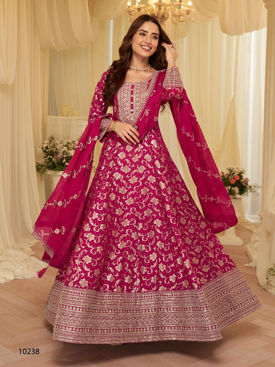 Rani Pink Heavy Pure Viscos Jecquard Silk Embroidery Zari Wedding Party Festival Casual Ready Anarkali Salwar Kameez