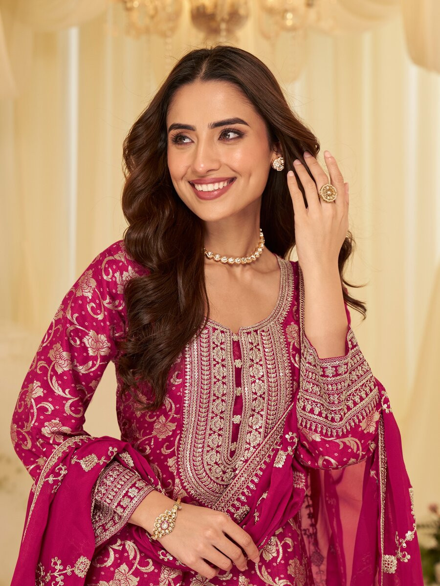 Rani Pink Heavy Pure Viscos Jecquard Silk Embroidery Zari Wedding Party Festival Casual Ready Anarkali Salwar Kameez